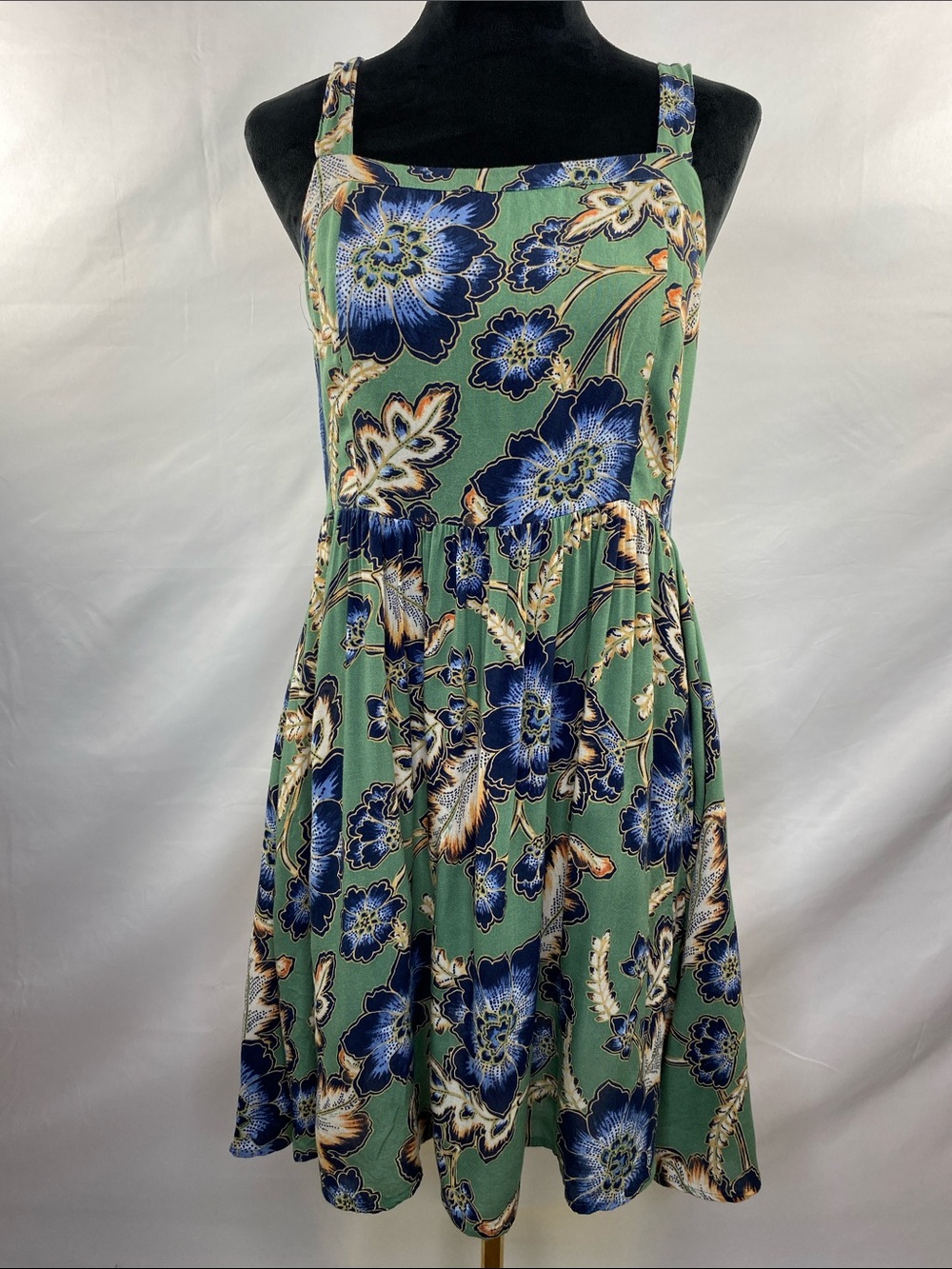 O’Neill Floral Mini Dress Green Blue Smocked Back Fit & Flare Unlined Sz Medium